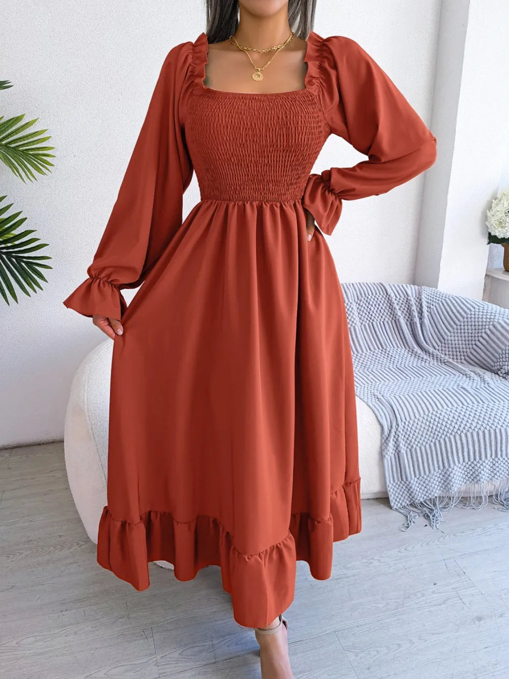 Smocked Square Neck Flounce Sleeve Dress - Ladyez