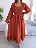 Smocked Square Neck Flounce Sleeve Dress - Ladyez