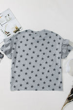 Star Print Tiered Ruffled Sleeve Crew Neck T Shirt