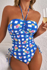 Floral Gingham Halter Neck Drawstring One Piece Swimwear - Ladyez