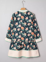 Floral Print Striped Trim V Neck Long Sleeve Ruffle Hem Shift Mini Dress