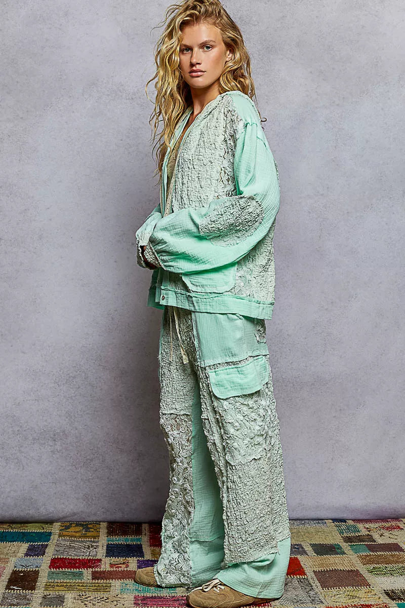 POL Exposed Seam Button Down Hooded Jacket with Lace Detail