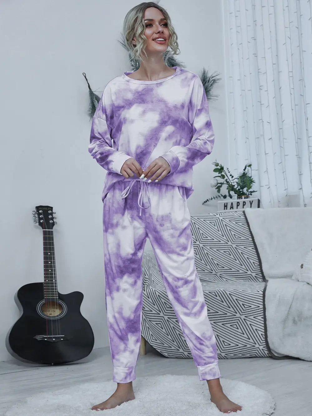Shiny Tie-dye Round Neck Top and Drawstring Pants Lounge Set - Ladyez