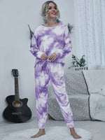 Shiny Tie-dye Round Neck Top and Drawstring Pants Lounge Set - Ladyez
