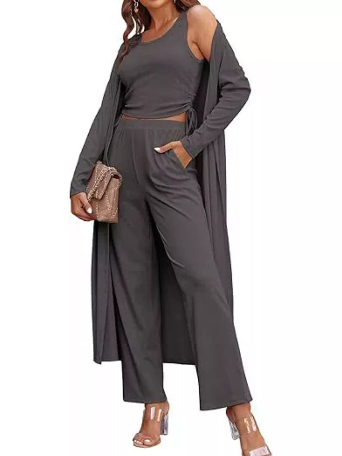 Round Neck Tank & Cardigan & Pants Set