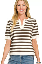 Zenana Split Neck Stripe Short Sleeve Sweater