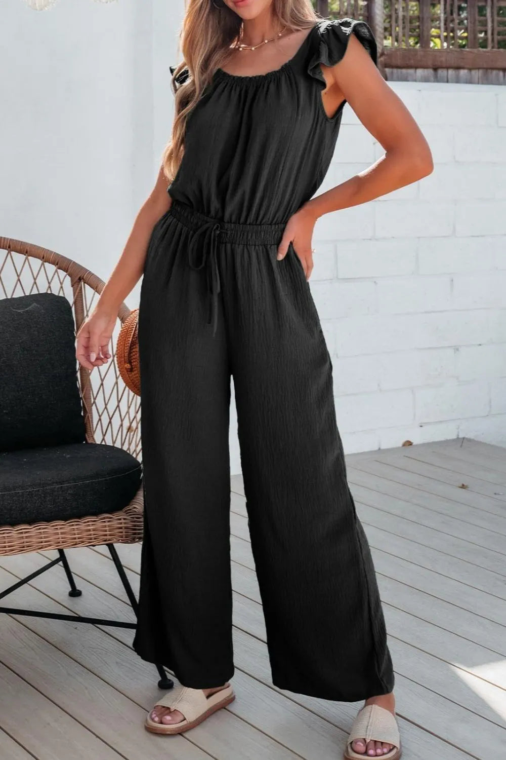 Ruffled Cap Sleeve Wide Leg Jumpsuit - Ladyez