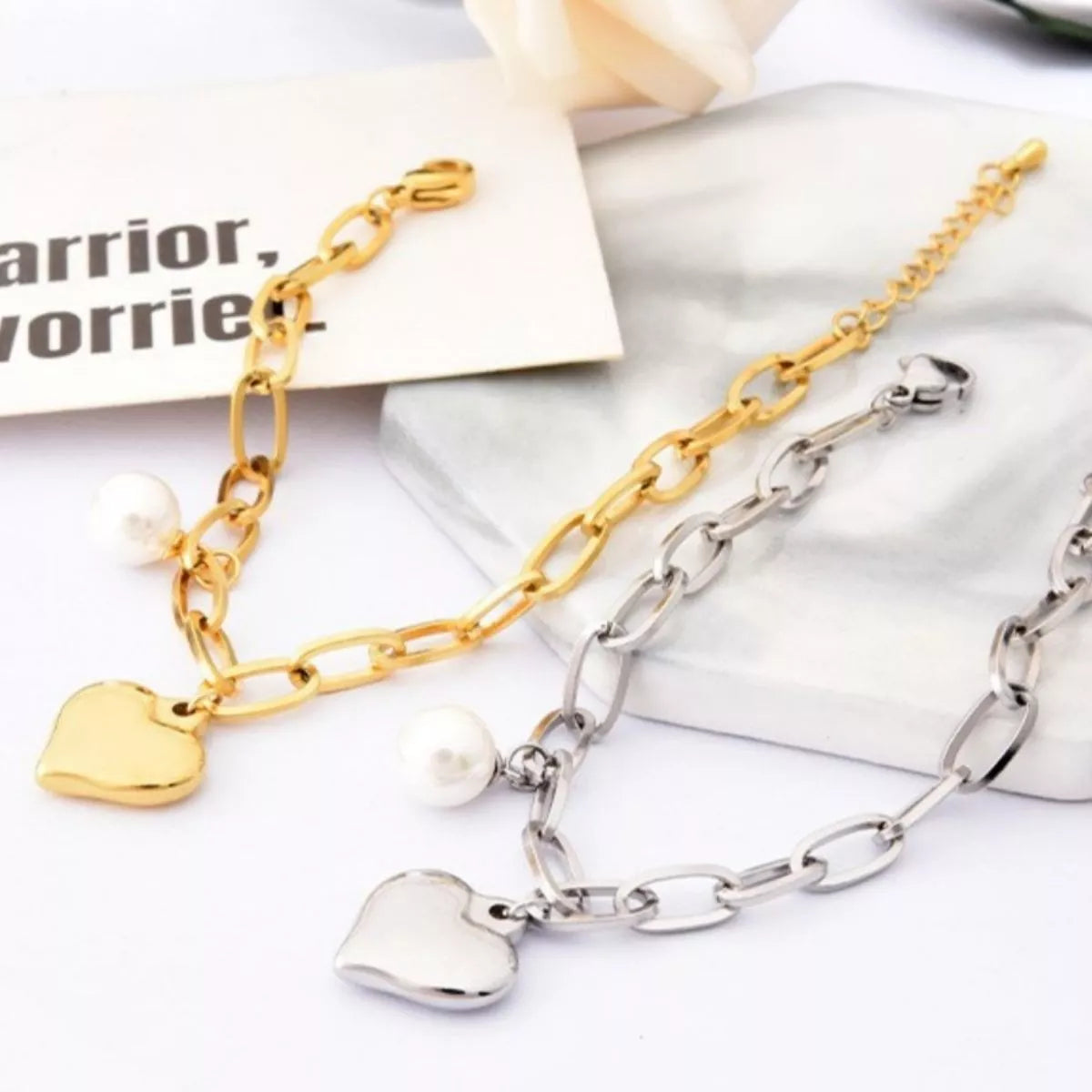 Heart Charm Pearl Accent Chain Bracelet