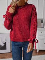 Ribbon-Tie Sleeve Round Neck Sweater