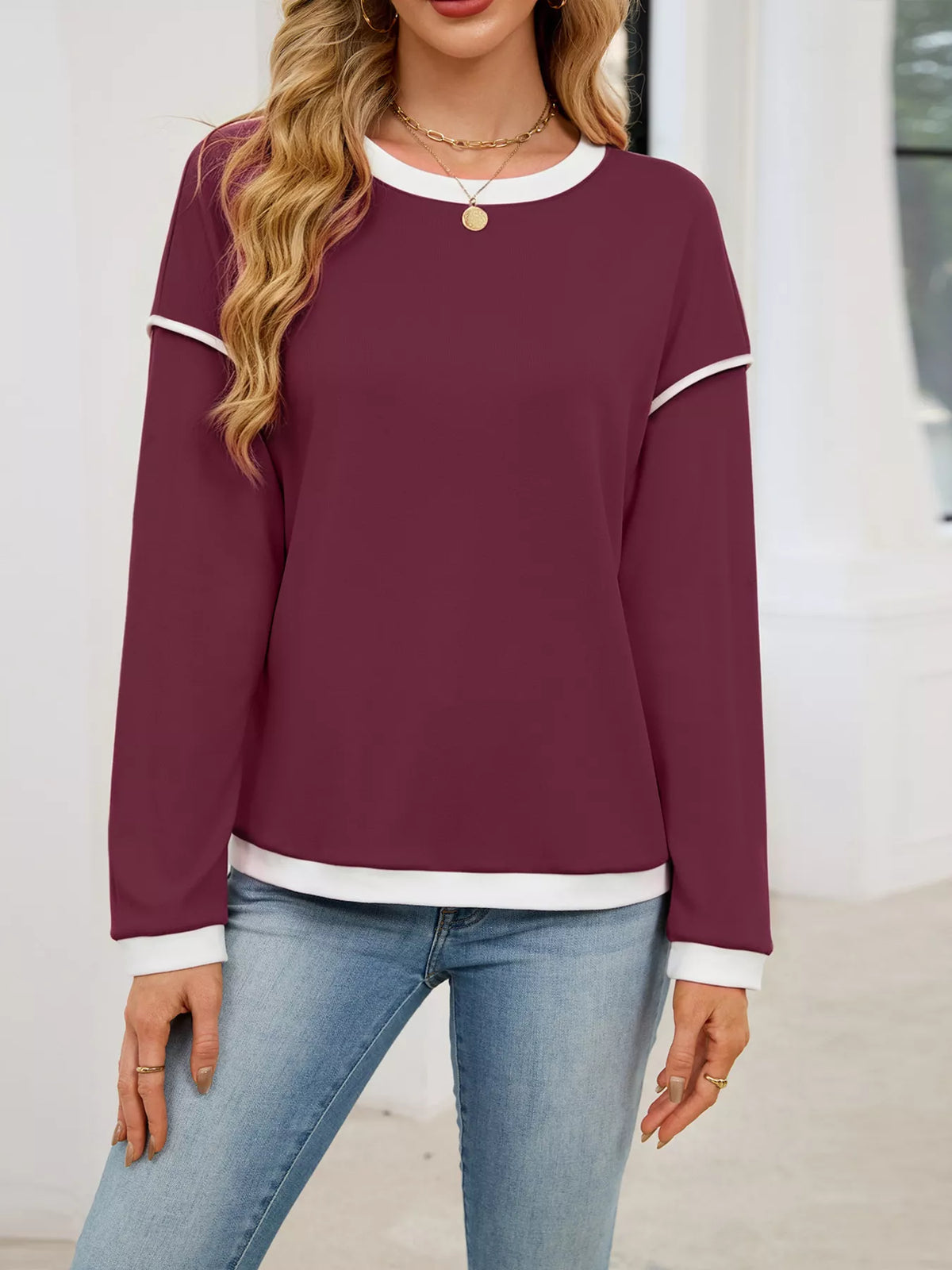 Contrast Trim Long Sleeve Sweatshirt
