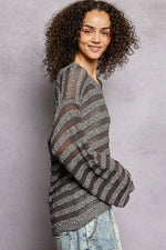 Stripe Pattern V-Neck Long Sleeve Knit Top