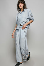 POL Button Down Embroidered Floral Short Sleeve Shirt