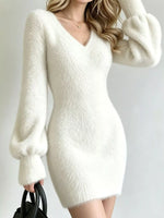 V-Neck Fuzzy Knit Sweater Dress