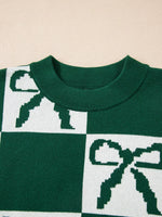 Checkered Bow Round Neck Casual Sweater