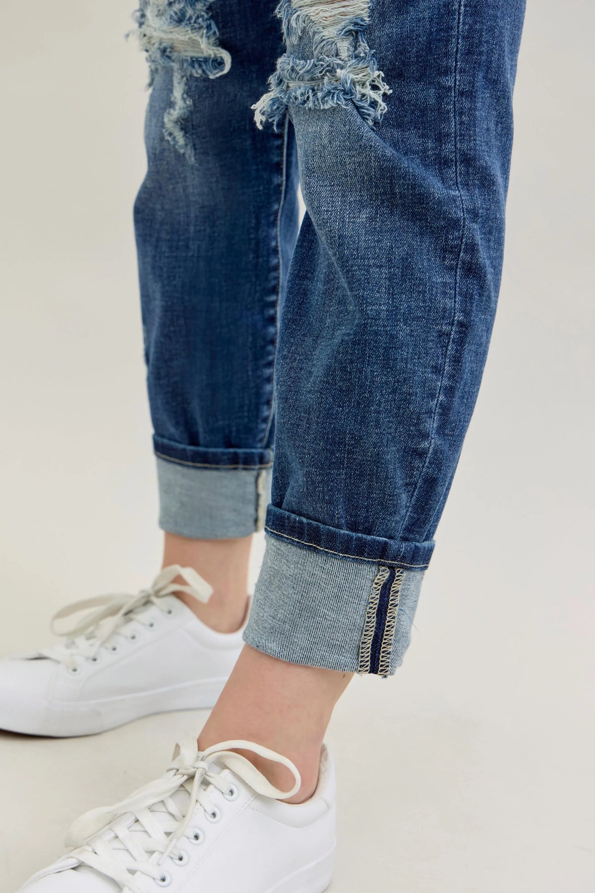 Judy Blue Full Size Mid Rise Cuffed Destroy Bf Jeans Plus Size - Ladyez