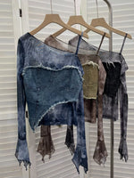 Asymmetrical Neck Denim Patchwork Top