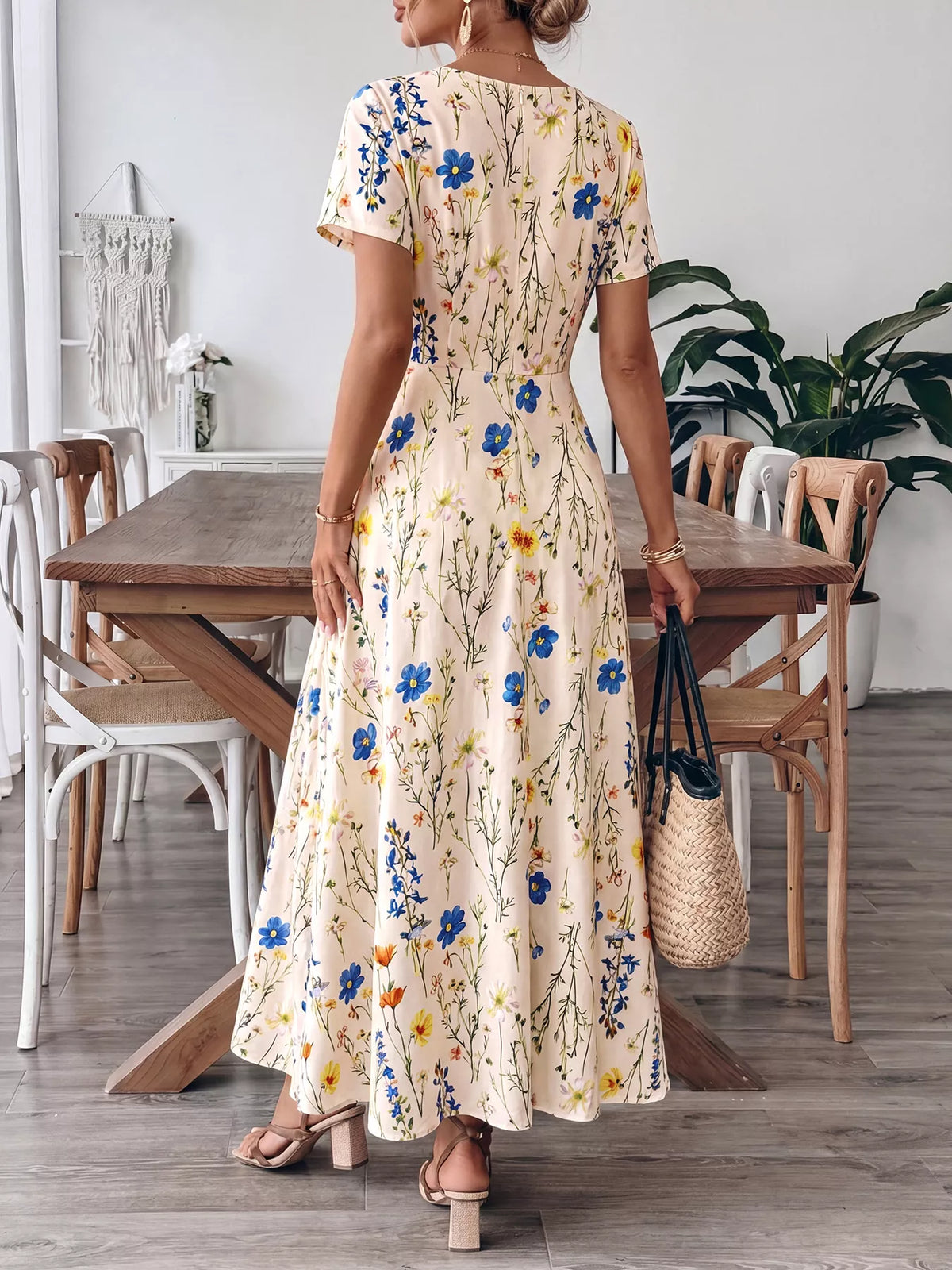 Floral Print Square Neck Casual Maxi Dress