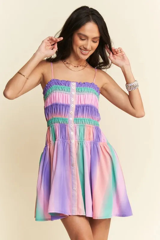 Davi & Dani Multi Color Ombre Printed Bodice Button Up Dress