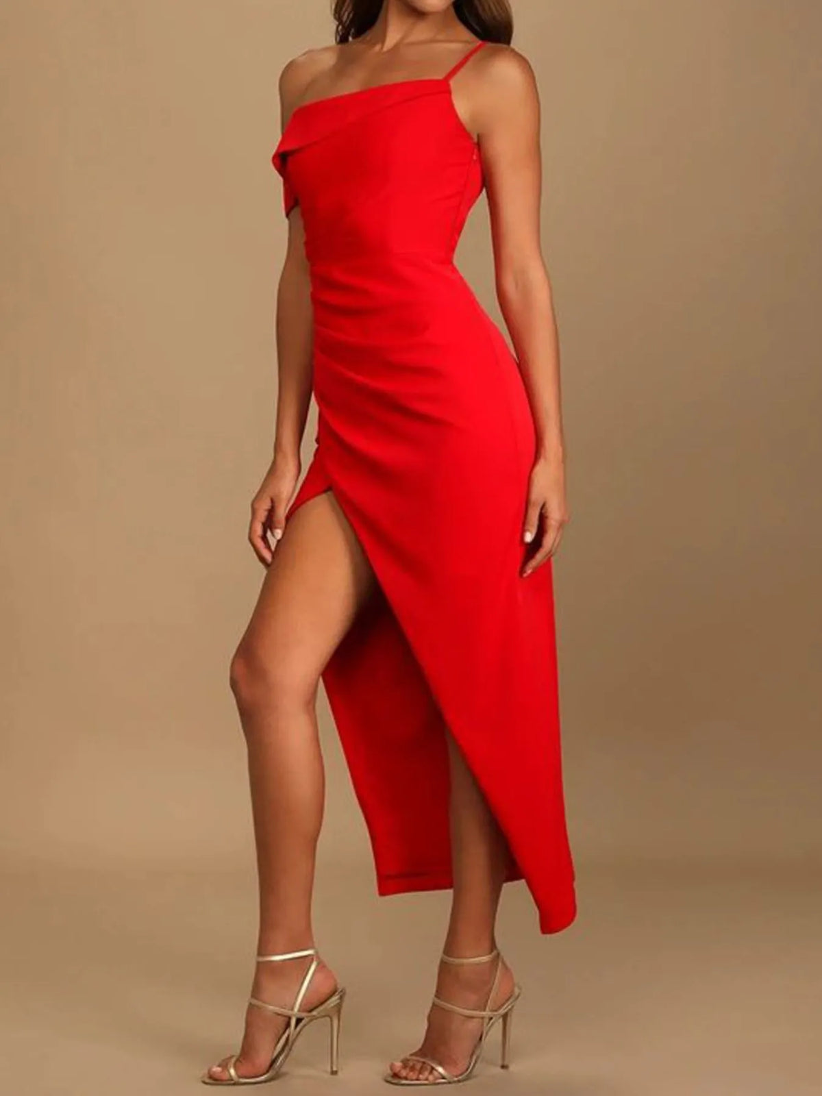 Split Asymmetrical Neck Midi Dress - Ladyez