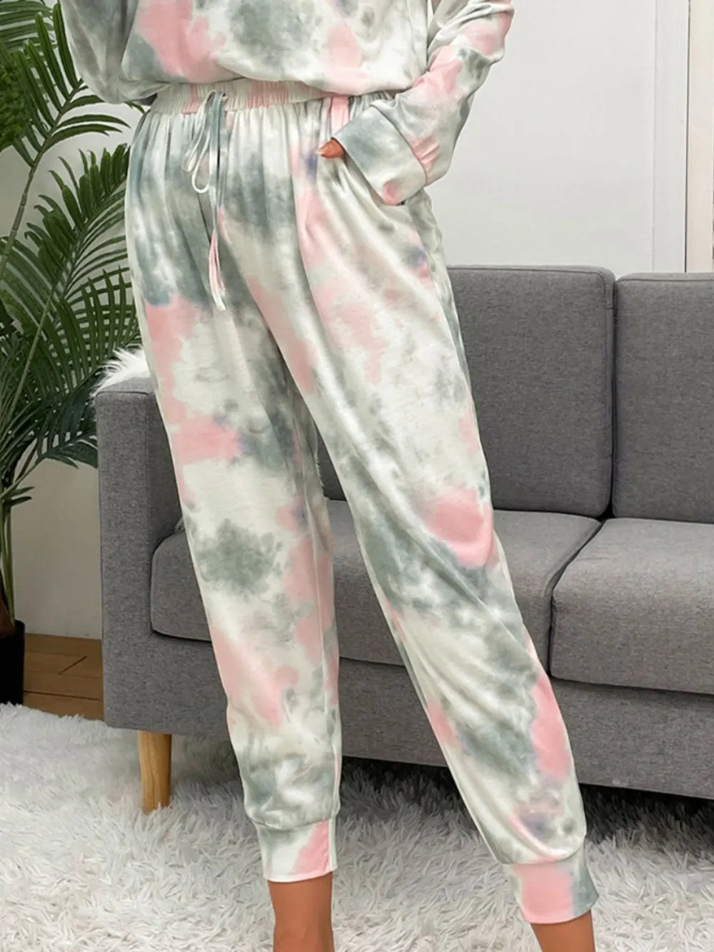Shiny Tie-Dye Round Neck Top and Drawstring Pants Lounge Set - Ladyez