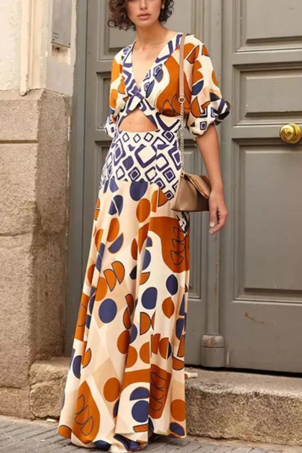 Geometric Print V-Neck Maxi Dress with Cutout Detail - Ladyez