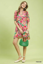 Umgee Abstract Print V-Neck Baby Doll Dress