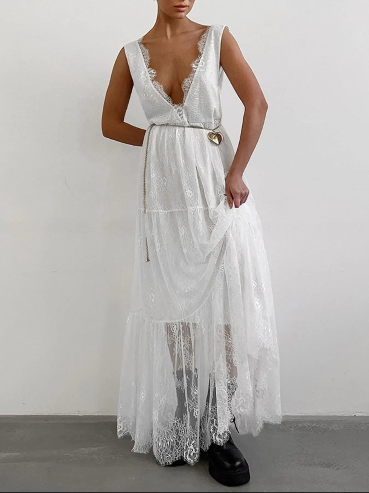 Lace Deep V-Neck Maxi Dress - Ladyez