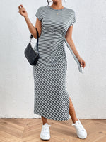 Honey Tied Striped Round Neck Short Sleeve Tee Dress - Ladyez