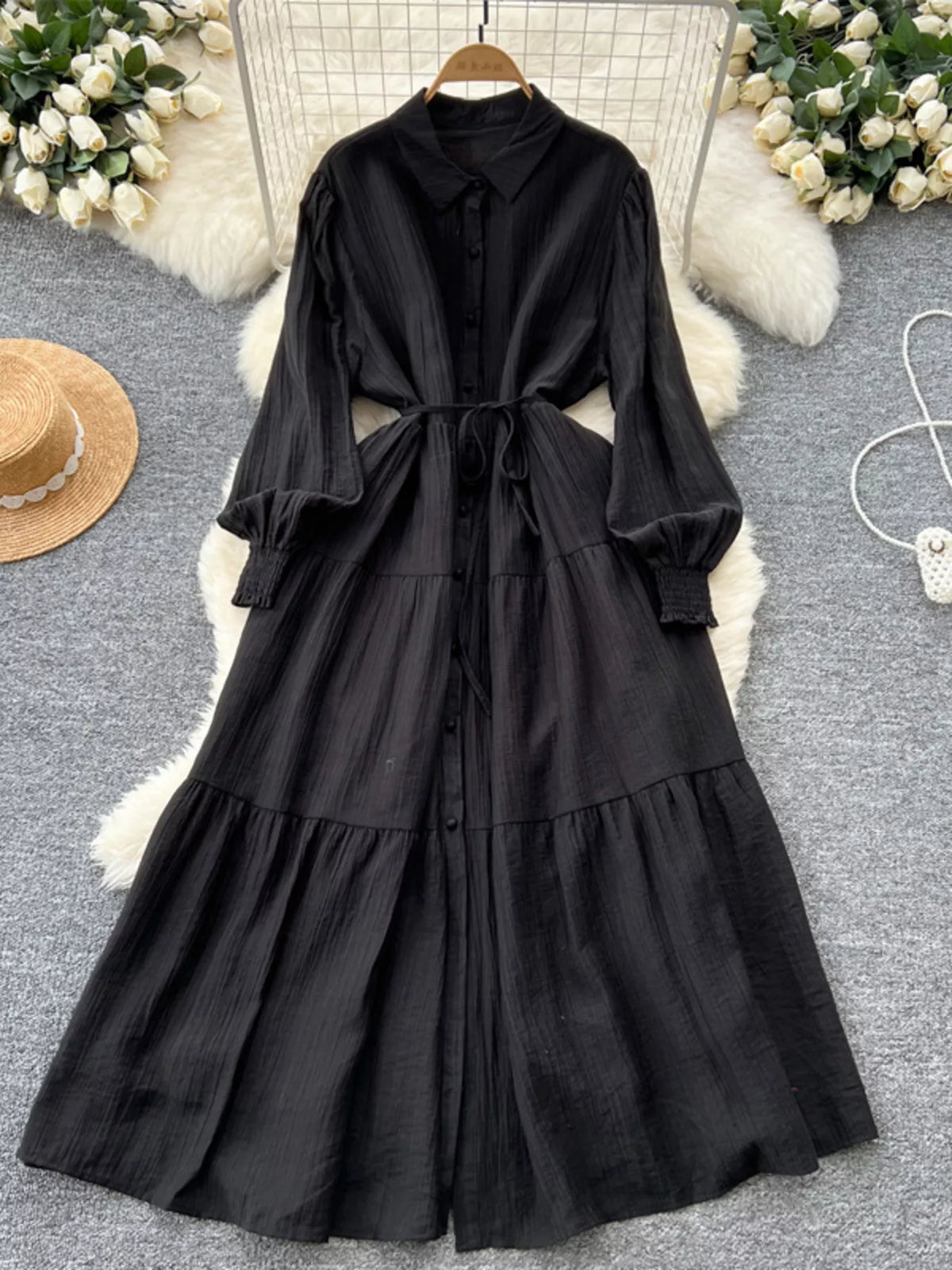 Button Down Tiered Long Sleeve Dress