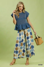 Umgee Smocked Peplum Top with Scalloped Ruffle Cap Sleeves