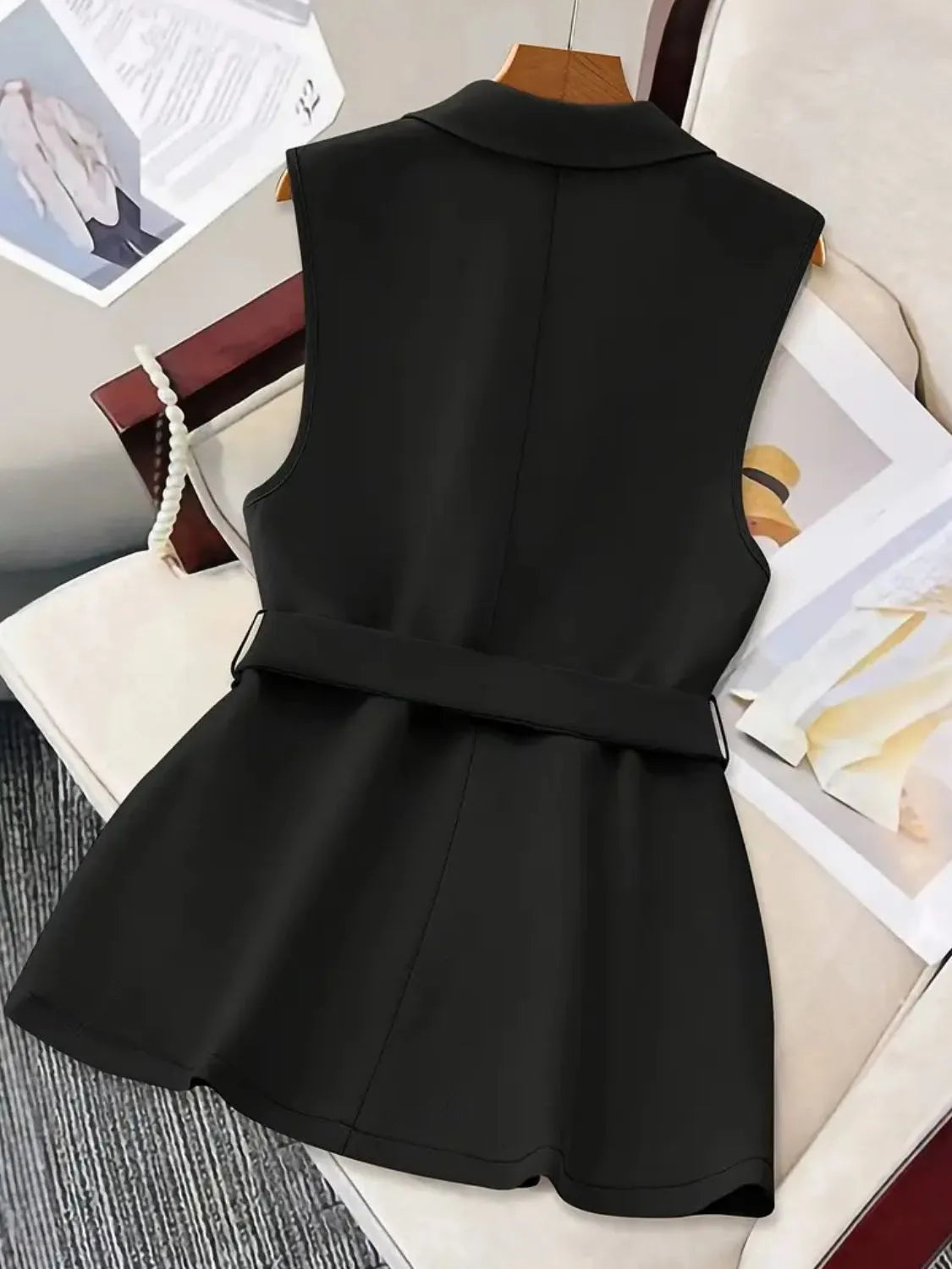 Tie Waist Lapel Collar Sleeveless Blazer