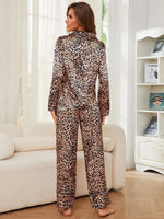 Leopard Button Up Long Sleeve Top and Pants Lounge Set - Ladyez