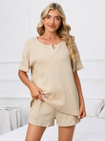 Notched Short Sleeve and Shorts Lounge Set - Ladyez