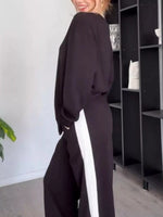 Full Size Contrast Round Neck Top and Pants Set Plus Size