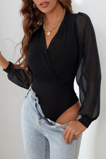 Surplice Mesh Long Sleeve Bodysuit - Ladyez