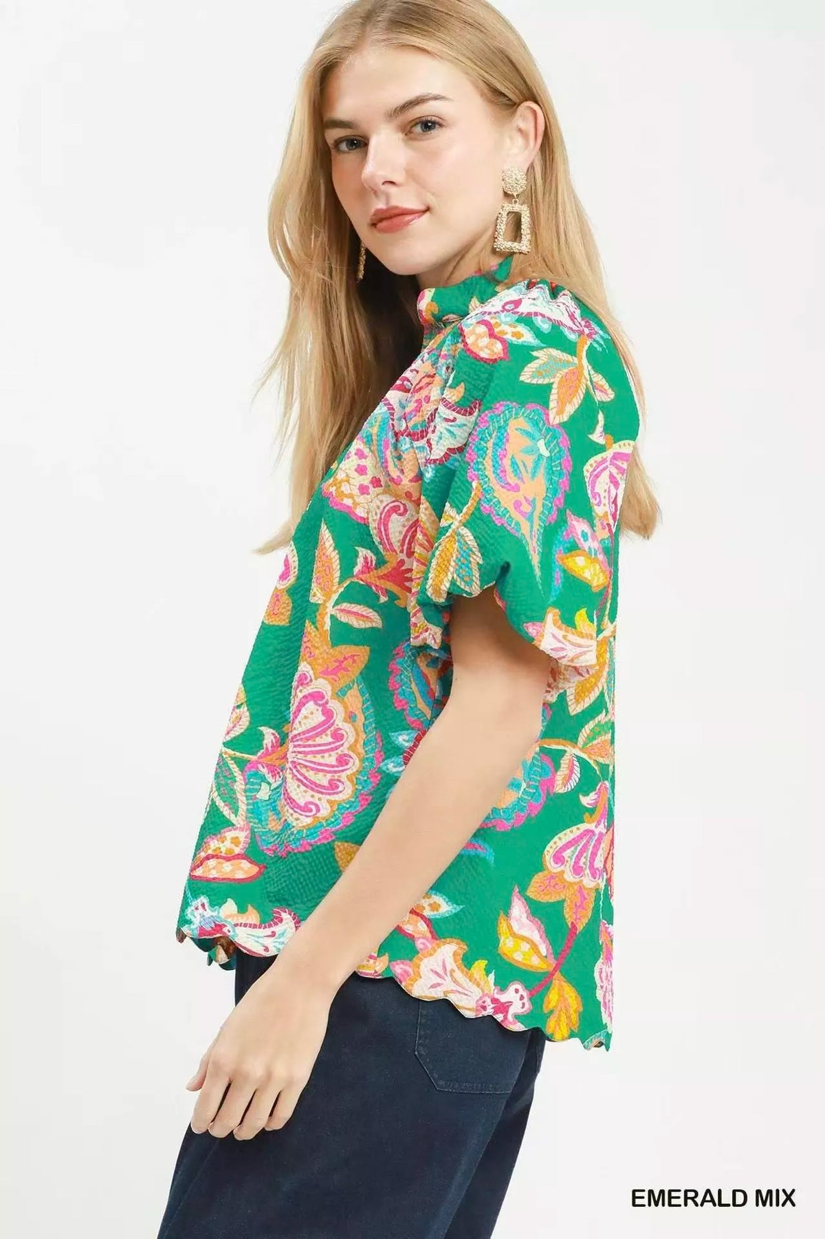 Umgee Mix Floral Print Scallop Hem Blouse