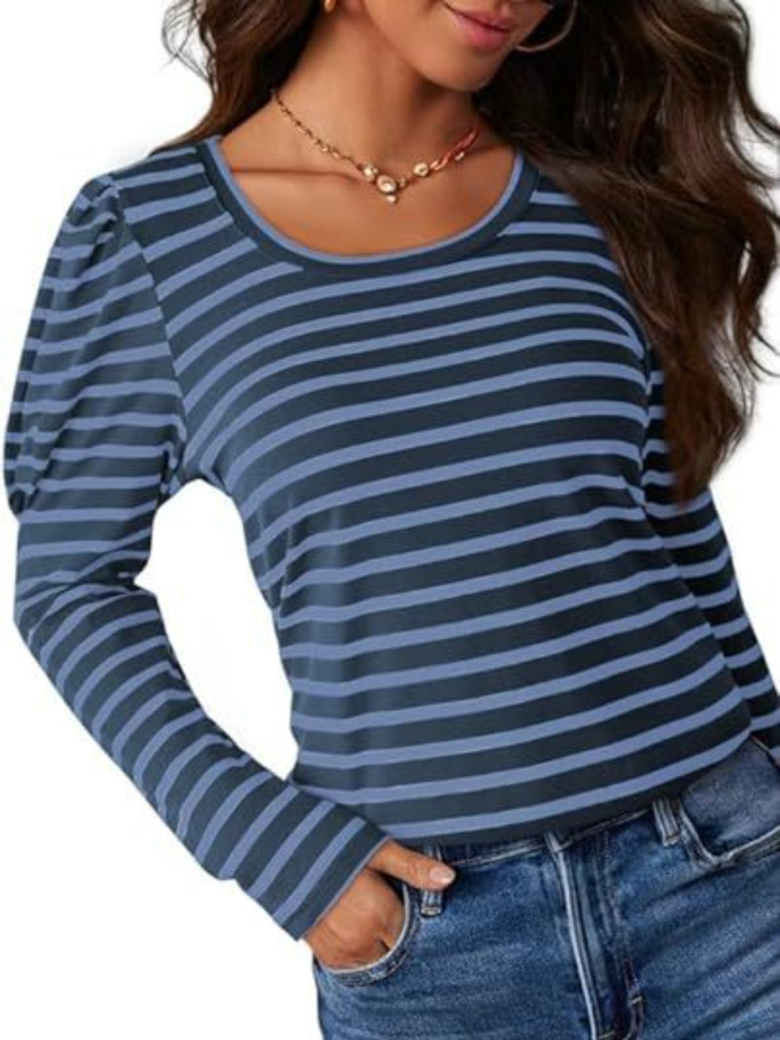 Striped Round Neck Long Sleeve T-Shirt - Ladyez