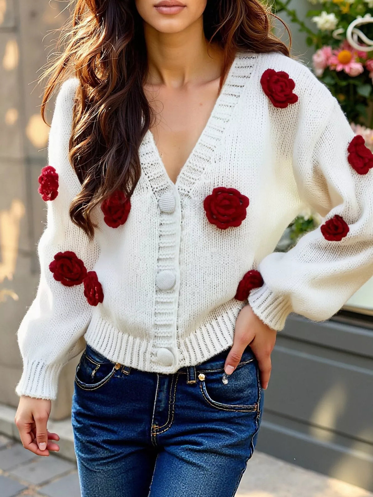 Rose Embellished V-Neck Cardigan