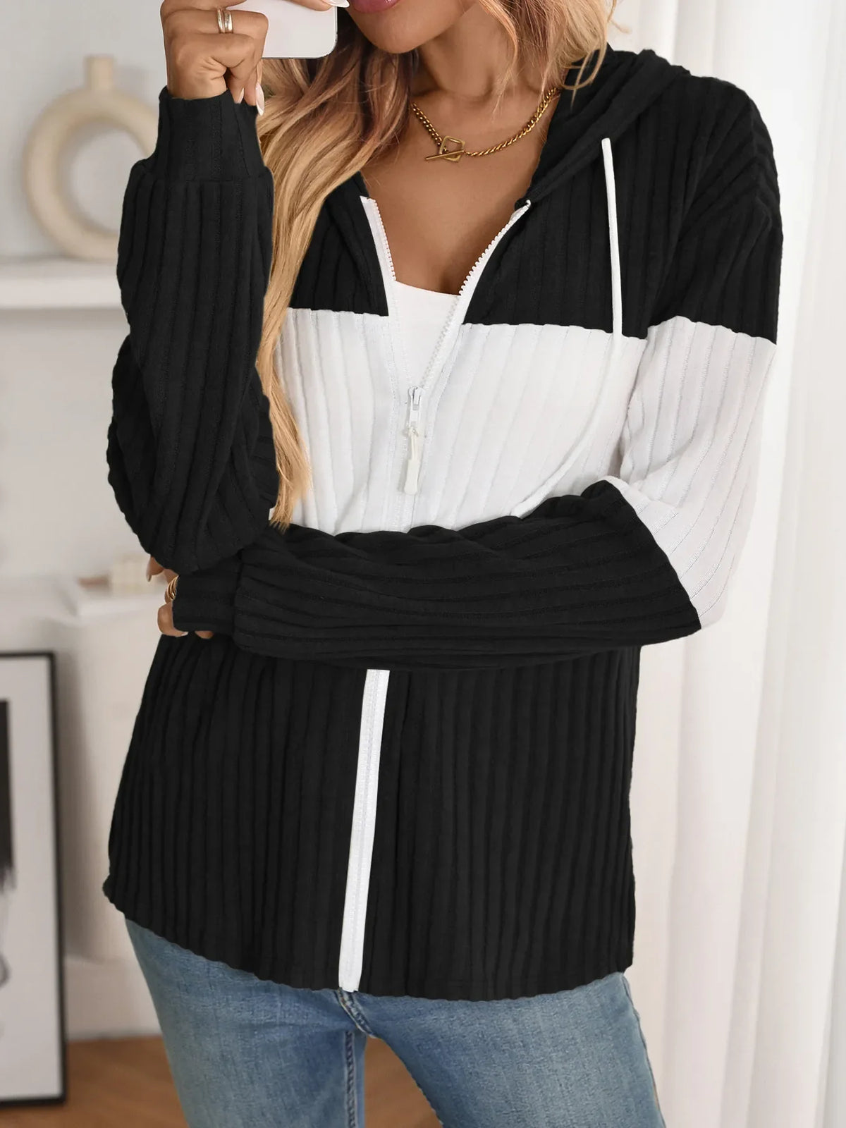 Drawstring Color Block Zip Up Outerwear