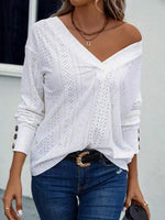 Eyelet V-Neck Long Sleeve Blouse