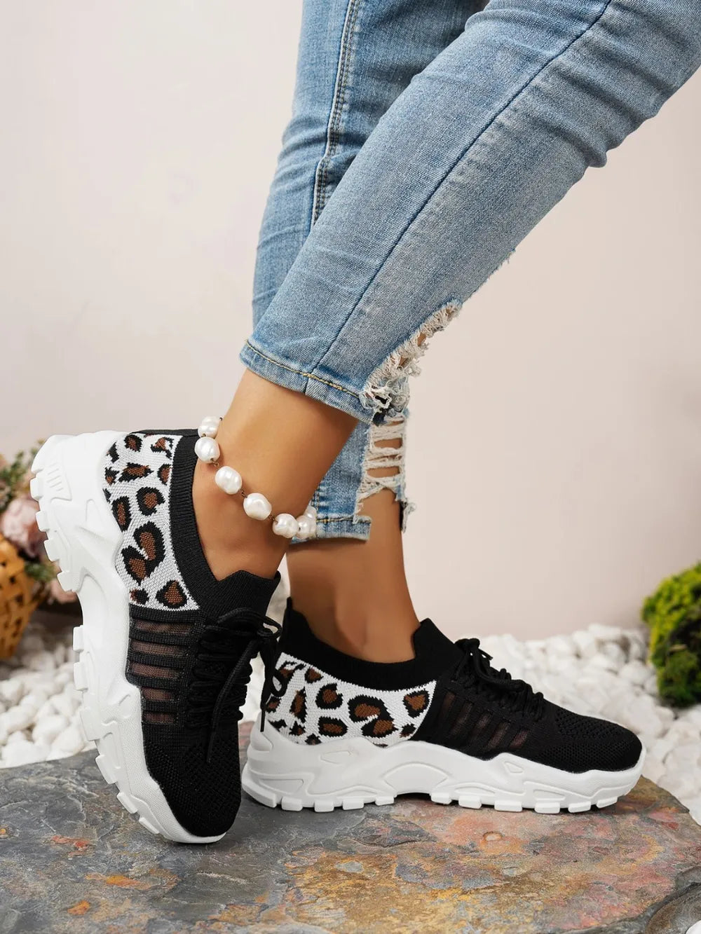 Cutout Leopard Lace Up Mesh Athletic - Ladyez