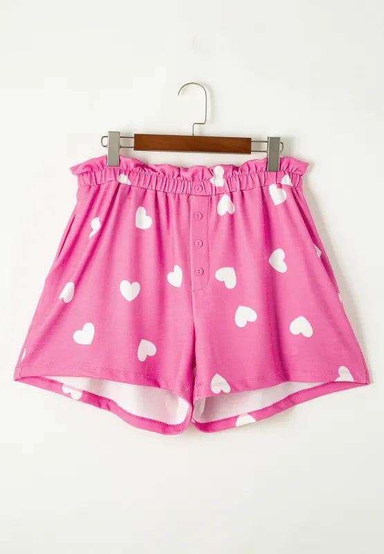 Heart Round Neck Long Sleeve Top and Elastic Waist Shorts Set - Ladyez