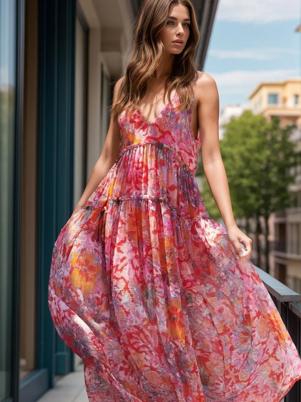 Tiered Printed V-Neck Sleeveless Dress - Ladyez