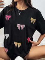 Sequin Bow Round Neck Short Sleeve T-Shirt