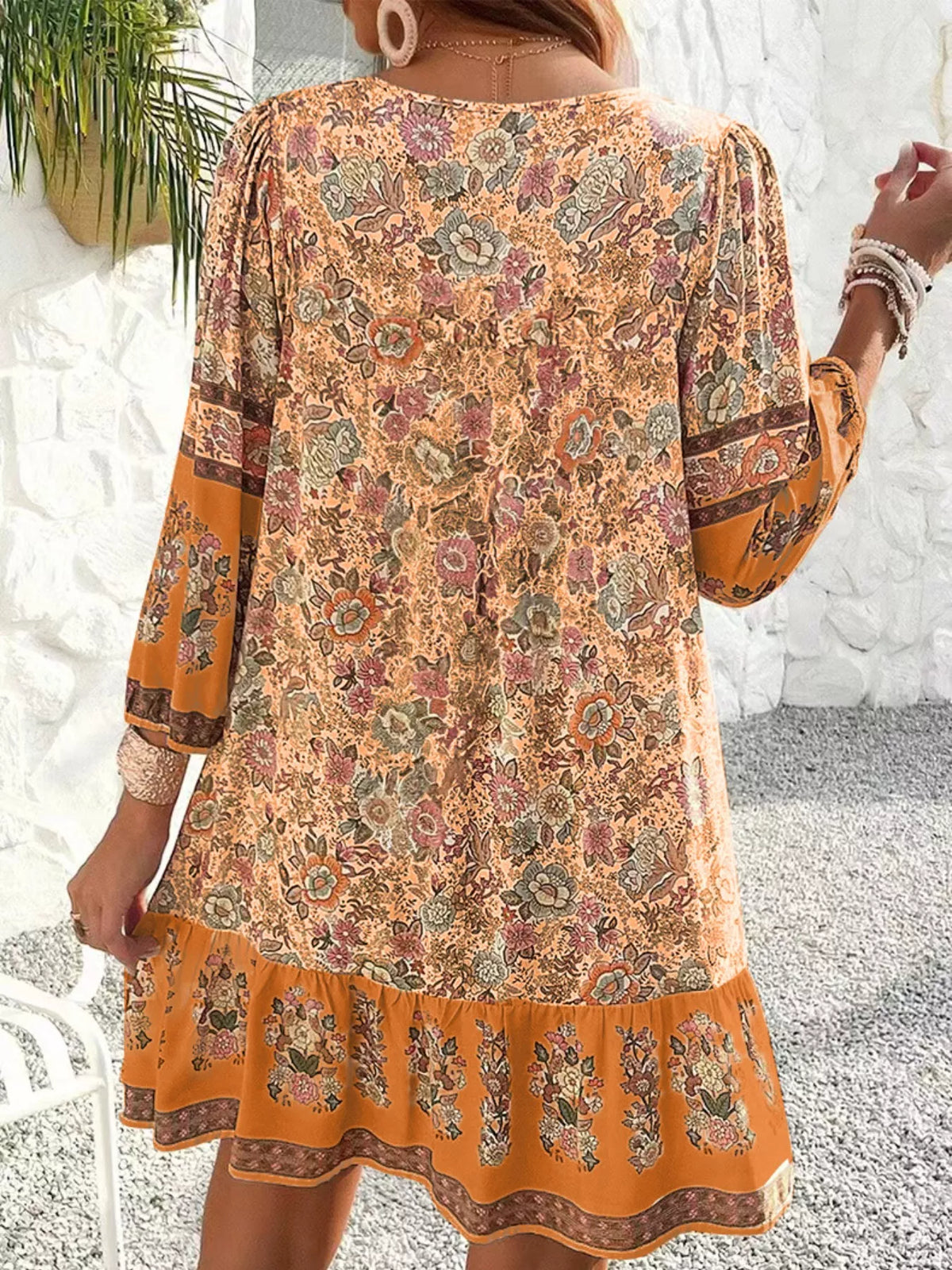 Floral Print Tassel Tie Neck Mini Dress