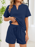 Notched Short Sleeve Top and Shorts Set