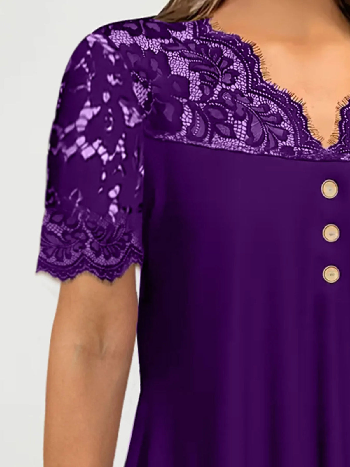 Lace Panel Short Sleeve Blouse - Ladyez