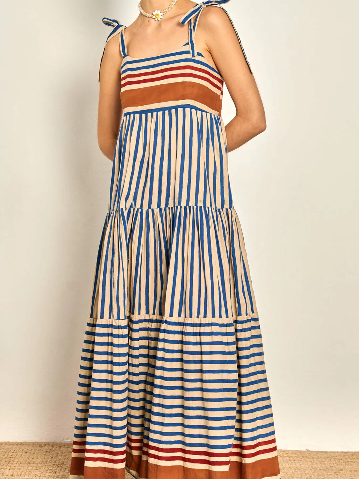 Striped Tie-Shoulder Tiered Maxi Dress - Ladyez
