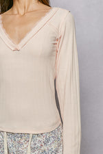 POL V-Neck Long Sleeve Ribbed Top with Lace-Accent Neckband
