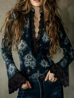 Lace Trim Flare Sleeves Blouse